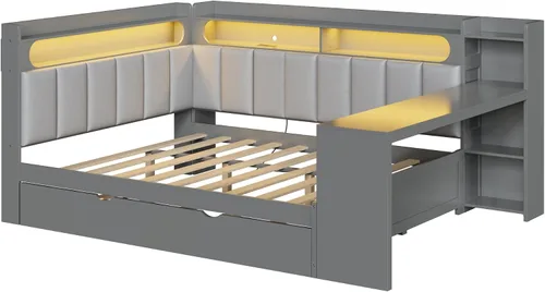 Vista 9 de SOFTSEA Sofá cama esquinera de tamaño completo con escritorio, nido y Gris Beige