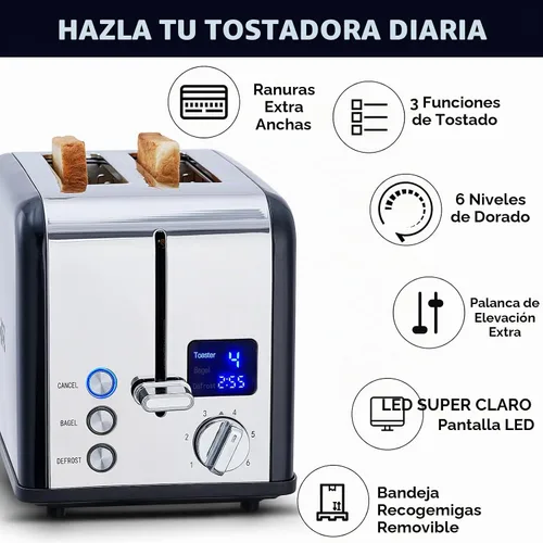 Vista 2 de CUSIMAX Tostadora de acero inoxidable de 2 rebanadas con pantalla LED grande, ranuras extra anchas de 1.5 pulgadas, 6 ajustes de tostado, función