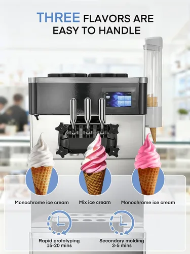 Vista 4 de Máquina de helado comercial de 5.8-7.9 galones/h, 3 sabores suaves con tolva de 14 L, máquina de helado de limpieza automática con panel LCD táctil