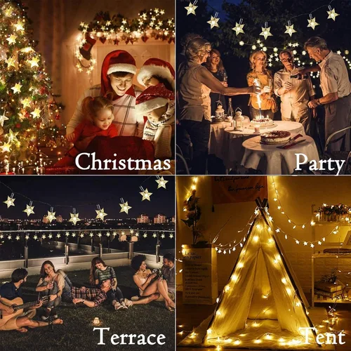 Vista 6 de Guirnalda de luces de estrellas que funcionan con pilas, 10 pies, 20 luces LED de hadas, luces de Navidad alimentadas por pilas para interiores