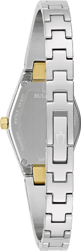 Vista 3 de Bulova Reloj de mujer moderno Gemini con diamantes en plata y oro de acero inoxidable, forma tonneau con esfera azul, Modelo: 98P218