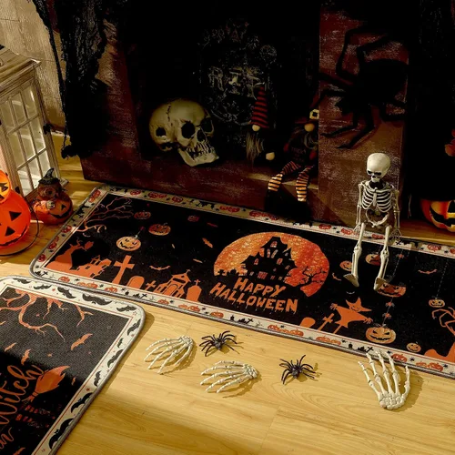 Vista 7 de Timgle 2 alfombras de Halloween con diseño de calabaza y esqueleto, diseño de bruja, para cocina y baño, decoración gótica para Halloween, hogar