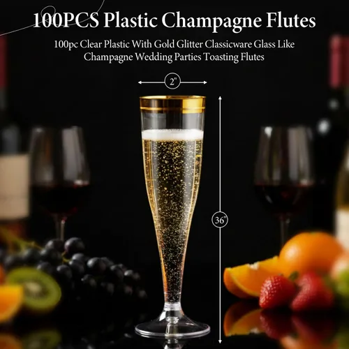 Vista 2 de Skylety 100 copas de champán a granel de 4.5 onzas, vasos de plástico transparente para tostar, vasos de champán de plástico, vasos de cóctel dorado