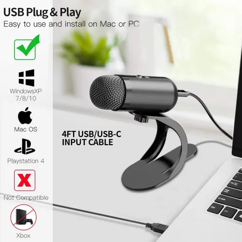 Vista 7 de LIANGSTAR Micrófono de Computadora USB, Micrófono de Escritorio para Podcast con Botón de Silencio para Grabación y Transmisión, Condenser