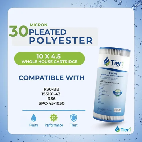 Vista 2 de Tier1 Filtro de agua de 30 micras de 10 x 4.5 pulgadas Cartucho de sedimento plisado de poliéster para toda la casa Reemplazo para filtro