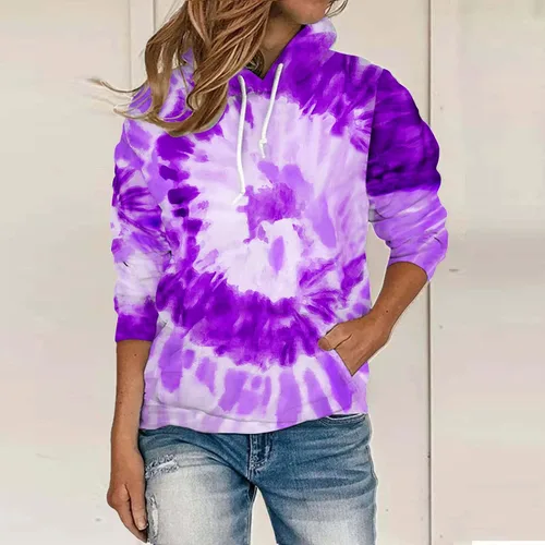 Vista 2 de Women Casual Long Sleeve Hooded Sweatshirts Tye Dye 2023 Fall Lightweight Vintage Drawstring Hoodies Pullover Tops