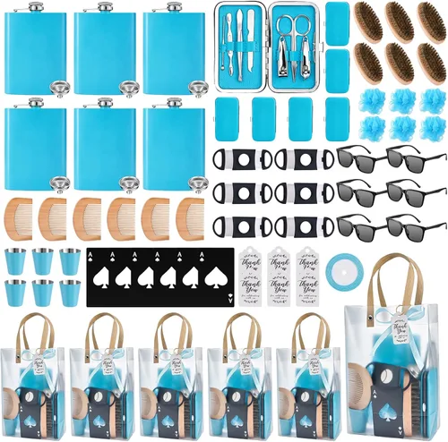 Vista 8 de Juego de 74 premios para baby shower para hombres, 6 juegos con frasco de cadera de acero inoxidable con embudo y abridor de botellas, kit