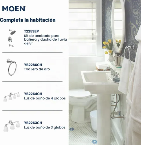 Vista 6 de Moen Brantford Cromo Llave de baño centrada de arco bajo tradicional de dos manijas con montaje de desagüe, 6610