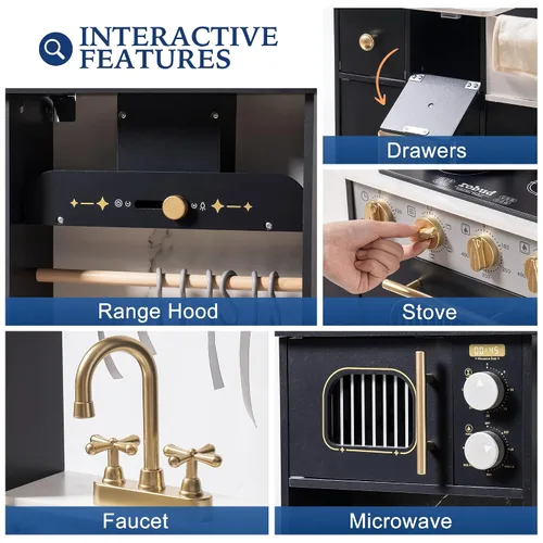 Vista 4 de ROBOTIME Juego de cocina de madera para niños, juego de cocina para niños pequeños con máquina de hielo y cafetera, juguete de cocina realista