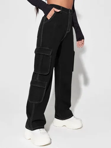 Vista 4 de Floerns Pantalones cargo casuales de cintura alta con bolsillo con solapa y pierna recta para mujer
