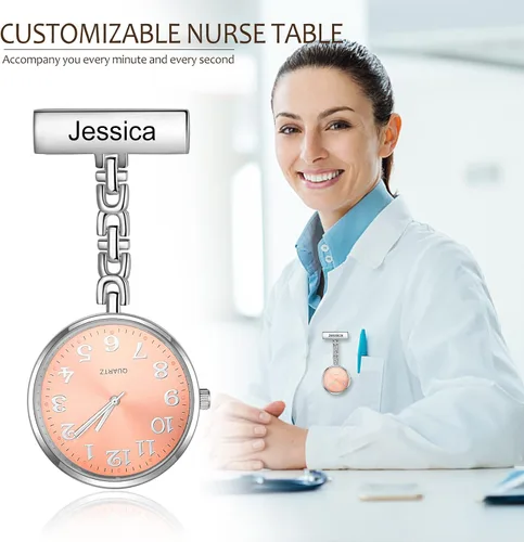 Vista 3 de Relojes de enfermera para enfermeras, médicos, relojes de enfermería personalizados, con nombre grabado, pin de solapa en el reloj de enfermería