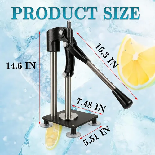 Vista 2 de Prensa de exprimidor de mano resistente negra, exprimidor de limón de metal con taza de acero inoxidable de 17.6 fl oz para exprimir cítricos