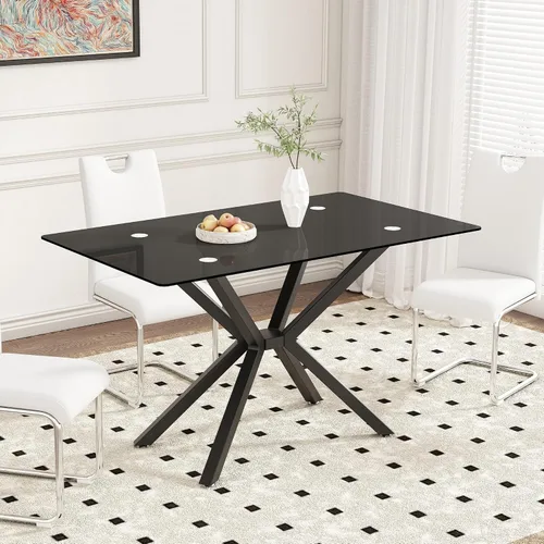 Vista 12 de Mesa de Comedor Moderna de Vidrio Templado Mesa de Cena, Mesa de Cocina Rectangular con Patas de Metal Resistentes, Diseño Minimalista