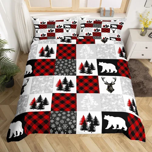 Vista 40 de Juego de ropa de cama de Feliz Navidad, funda de edredón azul con árbol de Navidad para niñas y niños, elegante funda de edredón de copo de nieve