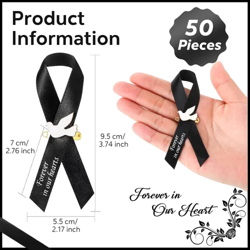 Vista 2 de 50 piezas de cintas de funeral de paloma, cintas conmemorativas de funeral, alfileres de servicio conmemorativo clásico, cinta de respeto con moño