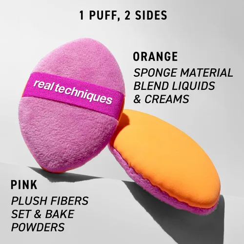 Vista 3 de Real Techniques Miracle 2 en 1 Borla de Polvo, de Doble Cara, Borla de Maquillaje de Tamaño Completo para Mezclar, Banda Elástica Reversible