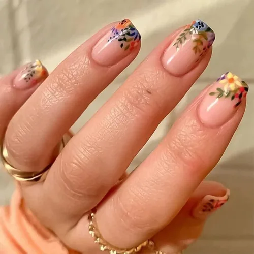 Vista 21 de MISUD Uñas Postizas Cortas Cuadradas - Uñas con Pegamento de Verano Colorido, Diseño de Arcoíris de Cocodrilo Acrílicas 24 piezas
