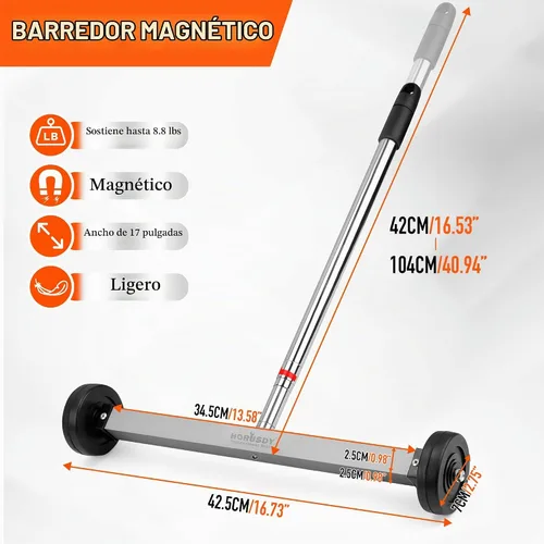Vista 3 de HORUSDY Barredora magnética rodante de 17 pulgadas con ruedas, mango ajustable, imán resistente de capacidad de 8.8 libras para recoger las uñas