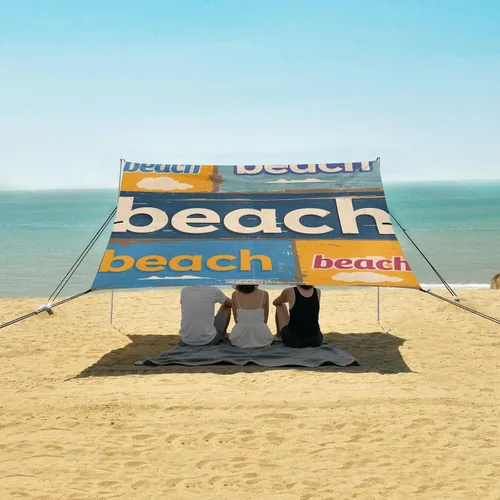 Vista 5 de Póster vintage de playa plegable para playa, protección UPF50+, impermeable, sombra refugio solar con bolsas de arena, pala de arena, postes