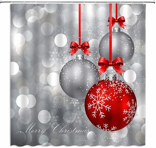 Vista 6 de Cortina de ducha de Feliz Navidad, bola de Navidad azul y plateada, brillante, impresa, feliz año nuevo, fiesta, juego de decoración de baño