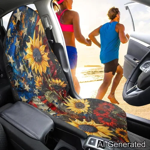 Vista 4 de Fundas de Asiento de Coche con Diseño de Sudadera de Girasol y Bandera Estadounidense para Coche, Camión, SUVs, Protector de Asiento Impermeable