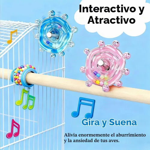 Vista 3 de Jaula de pájaros, juguete giratorio para periquitos y cacatúas, paquete de 2 juguetes interactivos giratorios para pájaros, juguete masticable