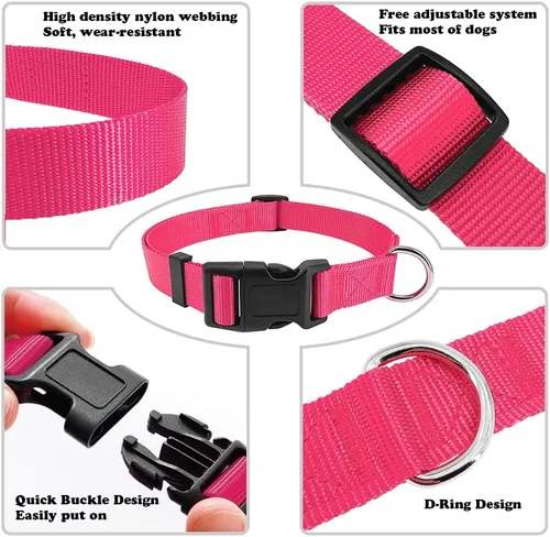 Vista 3 de Collar de perro básico rosa intenso con collar de nailon transpirable de liberación rápida para cachorros, perros pequeños, medianos y grandes Rosa