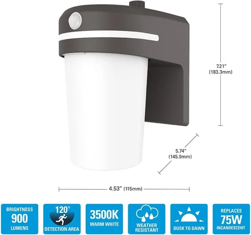Vista 3 de HALO FE - Luz LED integrada equivalente a 60 W, sensor de movimiento, de bronce, luz de área del atardecer al amanecer, 3500K