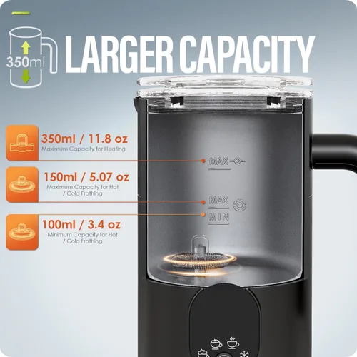 Vista 4 de Espumador de leche y vaporizador 4 en 1, vaporizador de café automático, 350 ml / 11.8 oz, espumador de espuma caliente y fría para café, café
