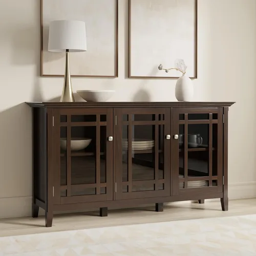 Vista 2 de SIMPLIHOME Bedford - Aparador de madera maciza de 62 pulgadas de ancho en marrón moreno Aparador de buffet de transición con puertas de vidrio