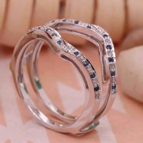 Vista 4 de Anillo doble de oro redondo de oro de 14 quilates con zafiro azul y diamante blanco para mujer