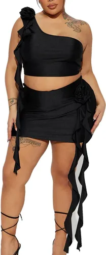 Vista 4 de Azhong Vestido de dos piezas con volantes para mujer, con borlas florales 3D, sin mangas, con un hombro, ombliguera entallada, mini falda camisola