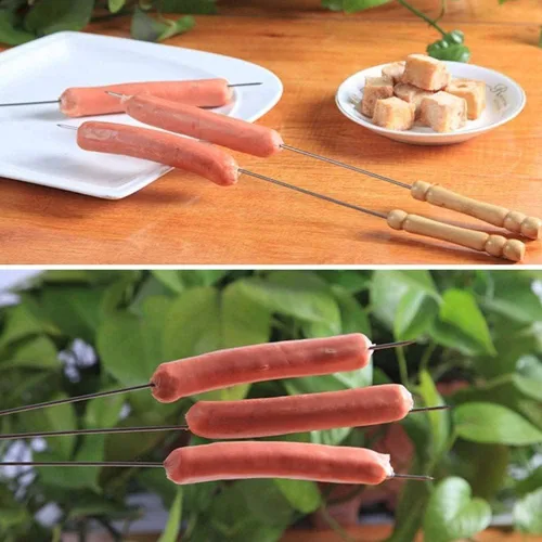 Vista 5 de Utoolmart Pinchos de barbacoa de acero inoxidable, palitos reutilizables para barbacoa, mango de madera para barbacoa, camping, utensilios