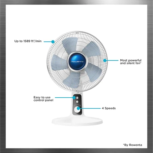 Vista 4 de Rowenta, Ventilador de escritorio, ventilador de mesa Turbo Silence, 12 pulgadas, ventilador ultra silencioso para dormitorio, oscilante, portátil
