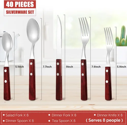 Vista 2 de Juego de cubiertos con mango de madera, 40 piezas, mango de nogal, 18/8 (304), acero inoxidable, mango de madera, cuchillo, tenedor, cuchara
