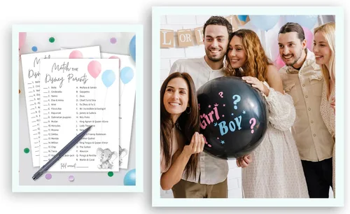 Vista 5 de GENDER REVEAL - Juego de fiesta de caricaturas para padres, paquete de 25 unidades, juego de baby shower rosa o azul, juego de baby shower, combina