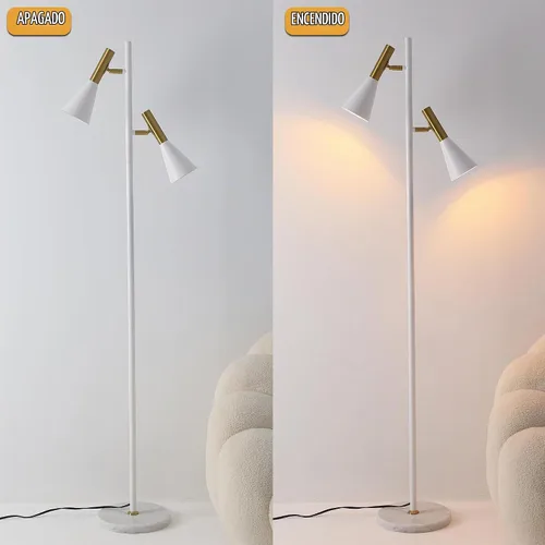 Vista 5 de Elegante lámpara de pie moderna con 2 cabezales ajustables, lámparas de pie blancas y doradas con base de mármol, luz vertical de poste alto Blanco