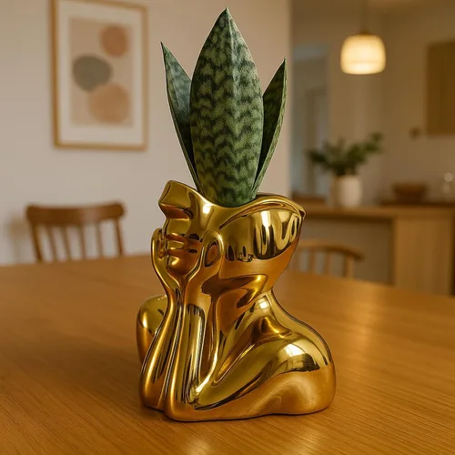 Vista 3 de Jarrón de Cara Jarrón de Cerámica Único para Habitación, Oficina, Decoración del Hogar, Dorado, A Small Boho Cute Female Form Head Bust Vase
