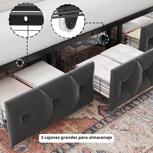 Vista 6 de Keyluv Marco de cama con dosel tapizado tamaño King con 3 cajones y cabecero capitonado con botones, cama de plataforma de metal con 4 postes Gris