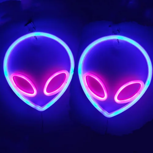 Vista 11 de Letrero de neón con cabeza de alienígena, 1 unidad, luz de neón de alienígena verde y morado, USB o 3 pilas AA, divertido letrero de neón iluminado