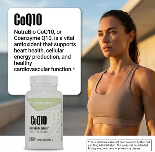 Vista 4 de NutraBio Suplemento dietético CoQ10, función cardíaca saludable y producción de energía celular, 100 mg - 60 cápsulas