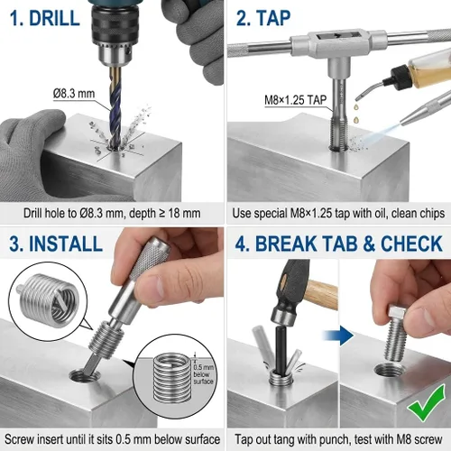 Vista 5 de 100 piezas de acero inoxidable SS304 en espiral de alambre helicoidal insertos de rosca M8 x 1.25 x 2D longitud para reparación helicoidal