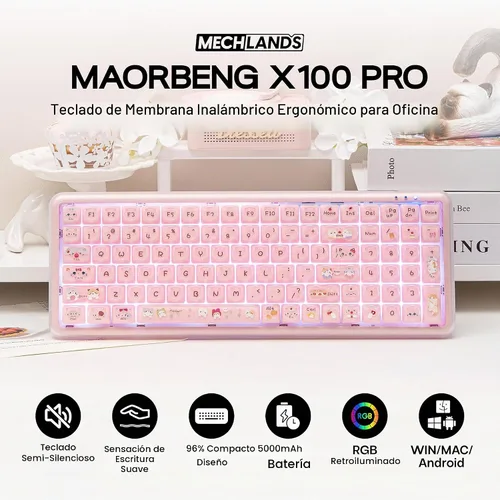 Vista 2 de MechLands X Maorbeng X100 PRO - Teclado de membrana para juegos con teclado numérico, retroiluminación RGB, teclado inalámbrico de computadora