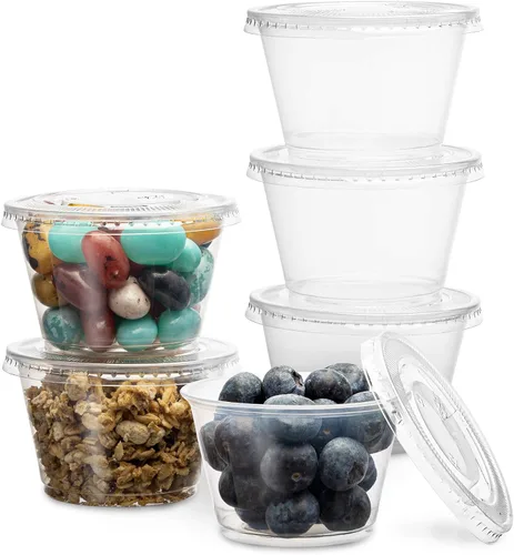 Vista 12 de Vasos de porción desechables de plástico transparente de 1 oz (100 juegos) - Vasos para condimentos, salsa, aderezo, gelatina con tapas Mini jello