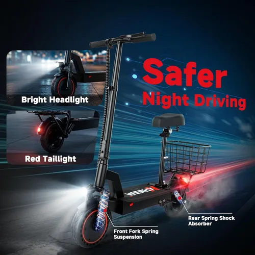 Vista 4 de WERHY 500W Electric Scooter with Seat and Basket, Front and Rear Suspension Negro