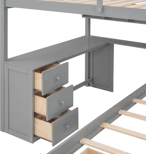 Vista 7 de RUNNA Litera matrimonial sobre individual con escritorio, cajones y escaleras, litera de madera maciza para niños, niñas, adolescentes y adultos