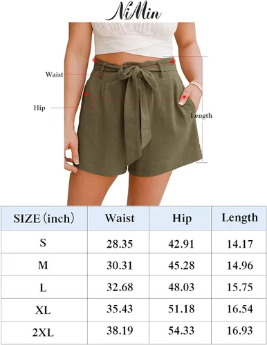 Vista 7 de NIMIN Pantalones cortos de lino de cintura alta para mujer, ligeros, para verano, playa, bolsa de papel, pantalones cortos con bolsillos 2023