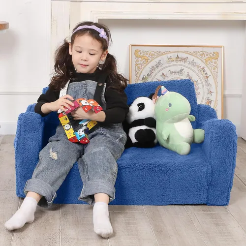 Vista 101 de MOMCAYWEX - Sofá para niños, 2 en 1, plegable, piel de melocotón, color azul