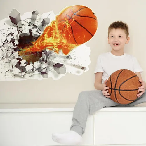 Vista 6 de Gersoniel Decoración de pared de baloncesto de 18 x 38 pulgadas, autoadhesiva, removible, 3D, calcomanías de pared de baloncesto para niños