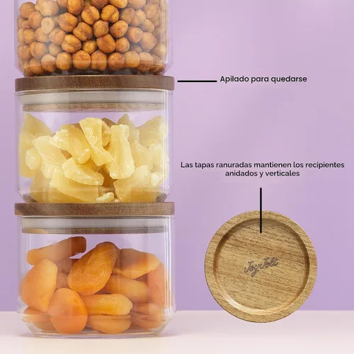 Vista 7 de JoyJolt Holden - Recipientes apilables de vidrio de 14 onzas con tapas y bandeja de madera, pequeños recipientes herméticos para alimentos, juego